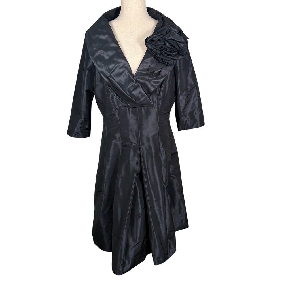 Teri Jon by Rickie Freeman Dress Womens 14 Black Taffeta Rosette Cocktail Formal